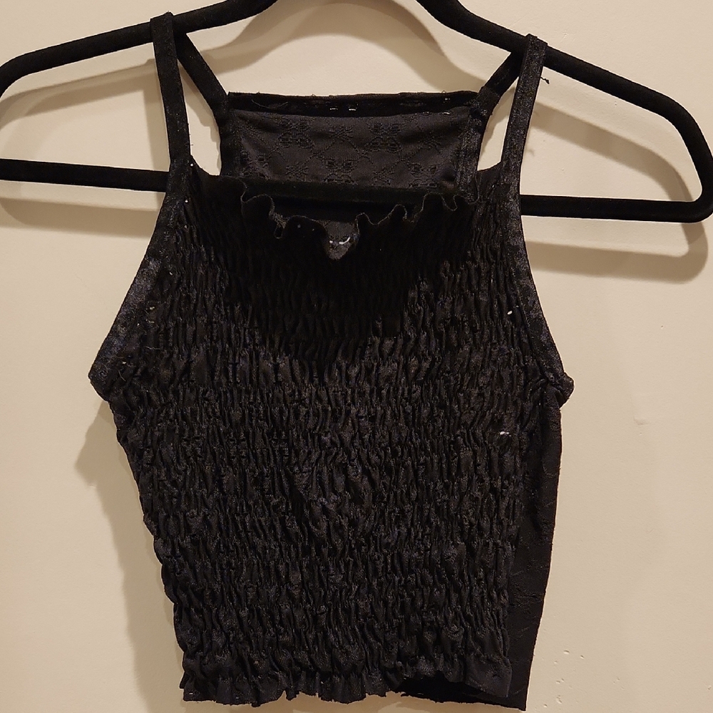 Black Smocked Crop Tank Top with Intricate Detailing